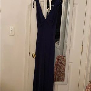 Low cut blue satin gown